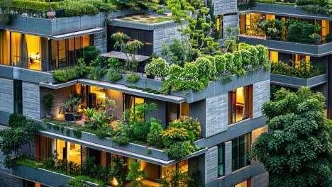 modern building with lush vertical gardens and green balconies
