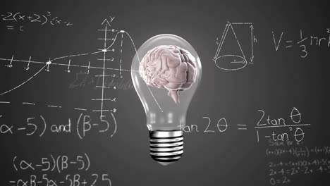 animation of light bulb with brain over woman's hand and mathematical data processing