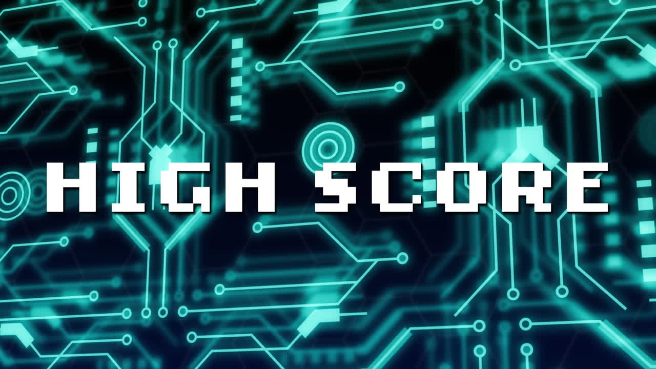 검은색 바탕에 네온 컴퓨터 회로판 위에 높은 점수 텍스트의 애니메이션