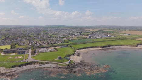 coastal view of balbriggan, dublin with green fields and beach
