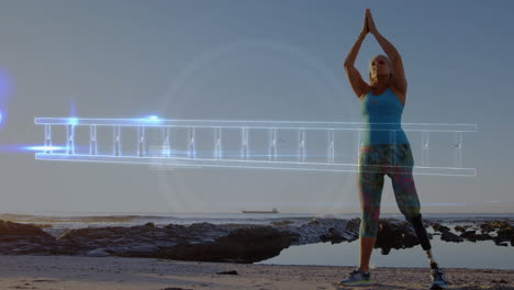 animación de cadena de adn sobre mujer con extremidad artificial meditando en la orilla del mar