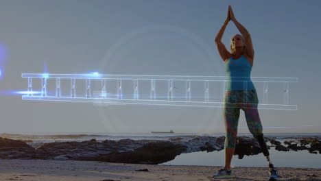 animation of dna strand over woman with artificial limb meditating by seaside