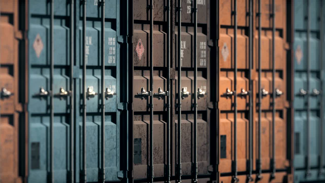 movimiento en bucle de la cámara de telezumo a lo largo de filas de contenedores de carga