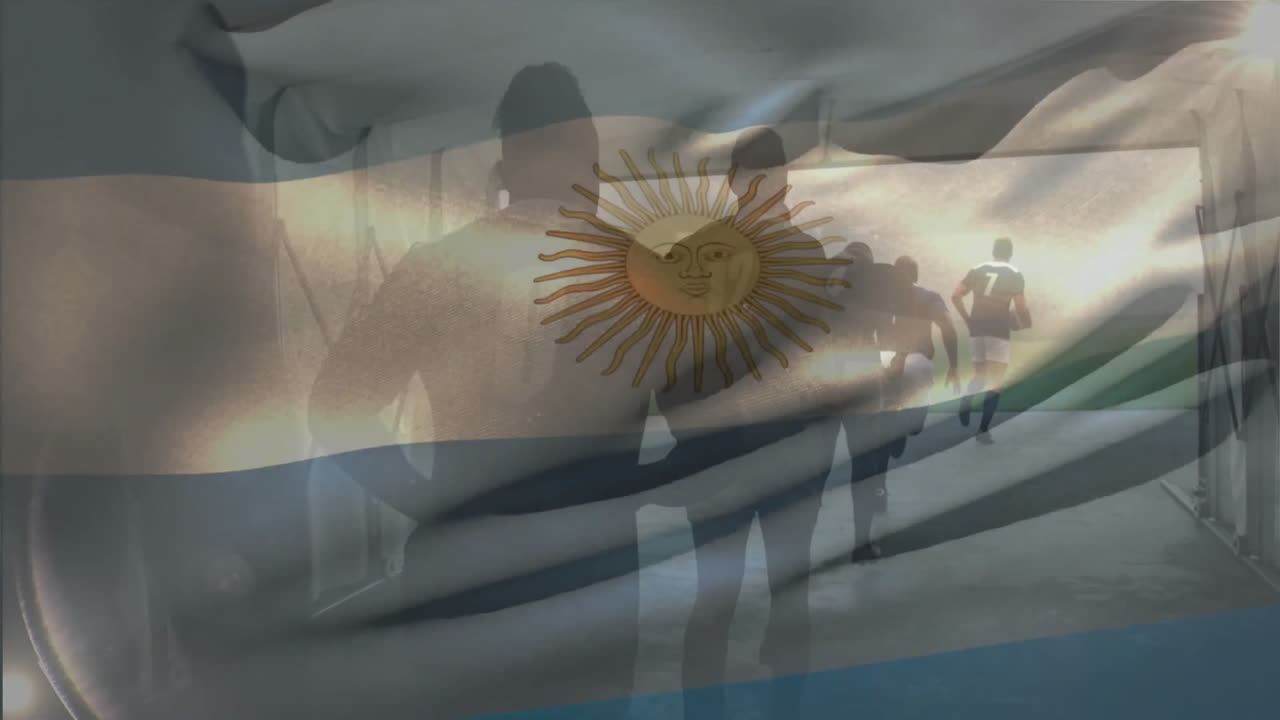 Entering field from tunnel, rugby players with Argentinian flag animation overlay
