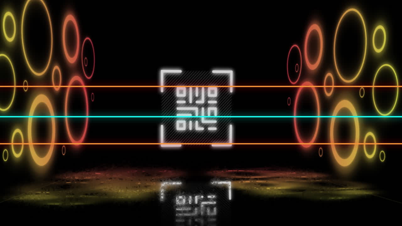 анимация светящегося qr-кода над неоновыми геометрическими формами