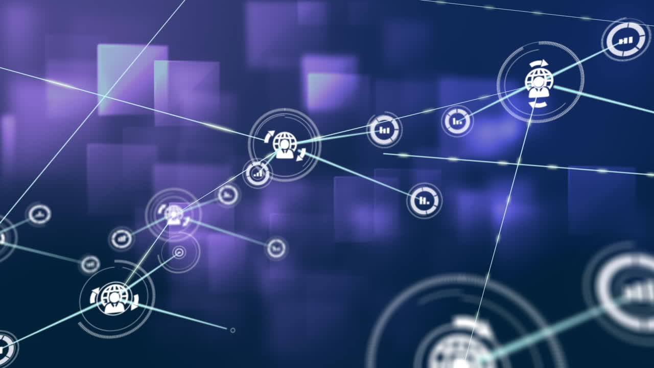 animación de una red de iconos digitales sobre formas cuadradas flotando contra un fondo púrpura