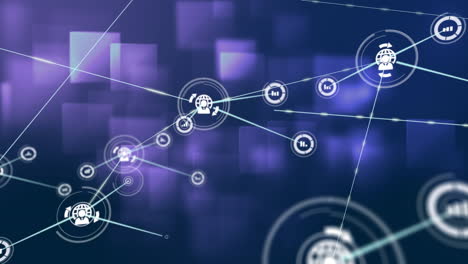 animation of network of digital icons over square shapes floating against purple background