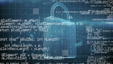 Digital animation of data processing over security padlock icon against black background