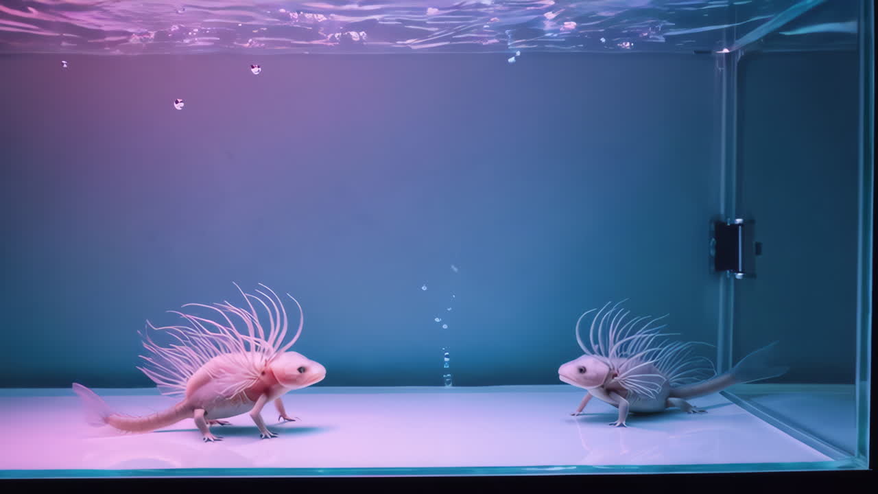 Two Axolotl-like Creatures in a Bi-Color Lit Aquarium