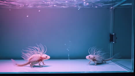 two axolotl-like creatures in a bi-color lit aquarium