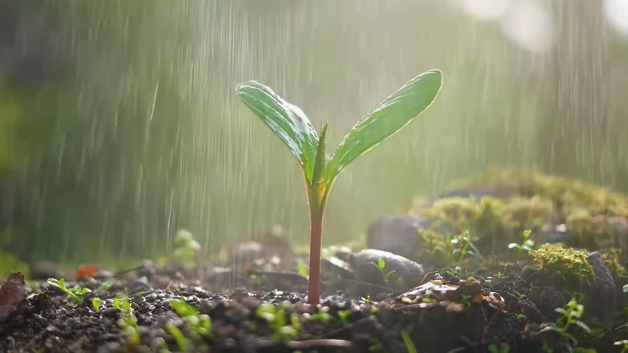 Close-up video of a sprouting plant in rain, shot from a low angle, capturing growth and nature
