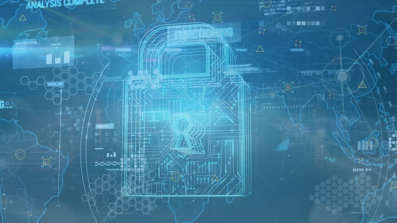 Animation of world map with data processing over padlock icon
