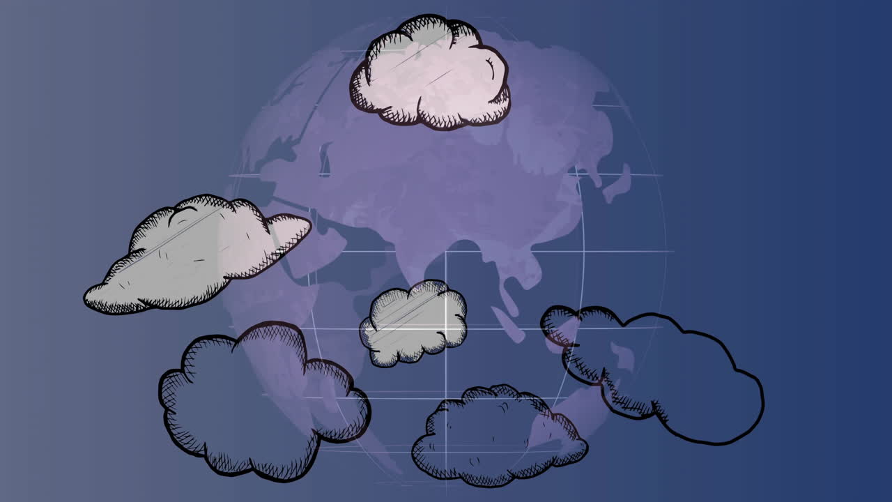 Floating cartoon clouds over world map with grid lines in background animation