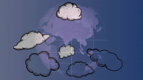 floating cartoon clouds over world map with grid lines in background animation
