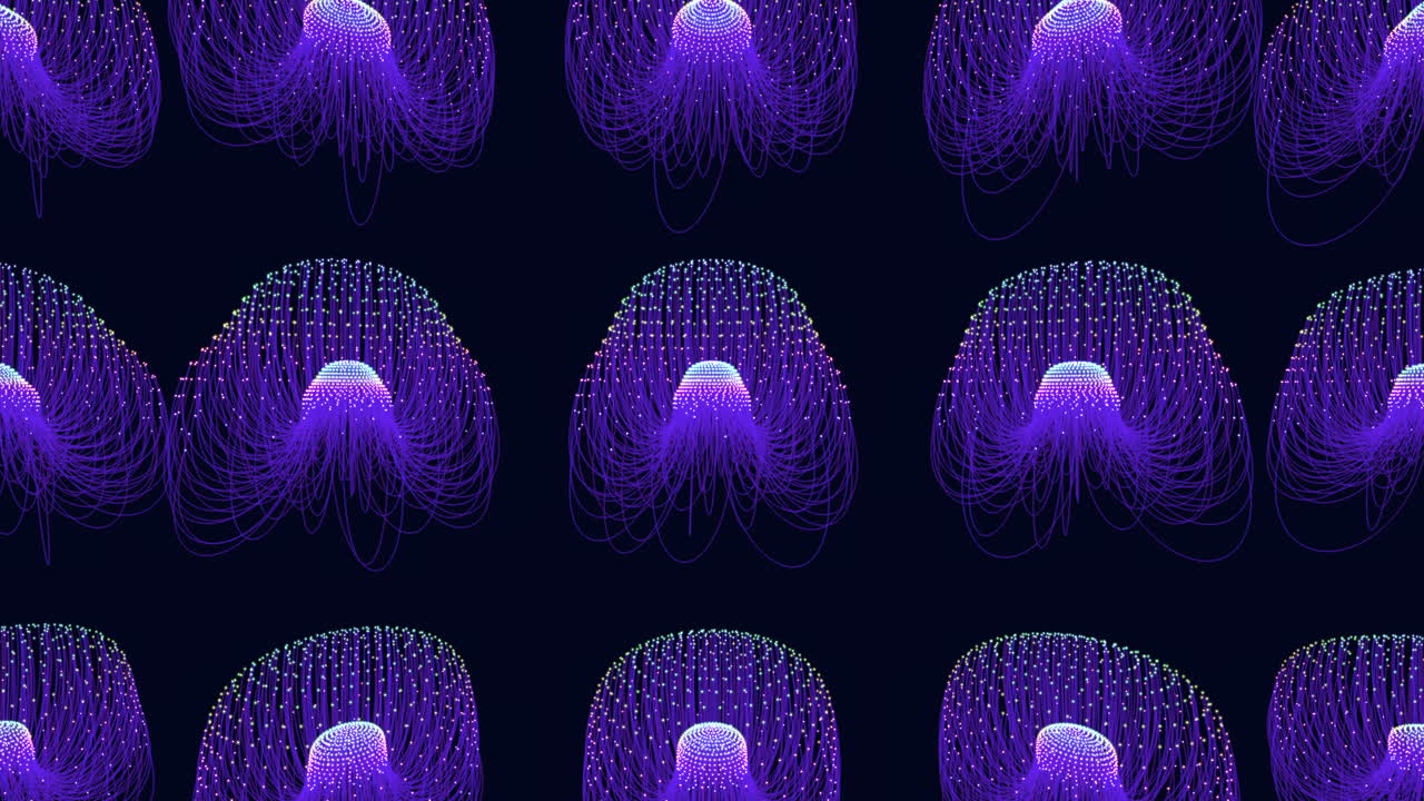criaturas futuristas en movimiento con puntos de arco iris y líneas moradas