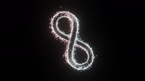un signo de infinito de colores girando aislado en un fondo negro, bucle sin costuras. diseño. un símbolo de la infinidad girando con el flujo de energía de pequeñas partículas