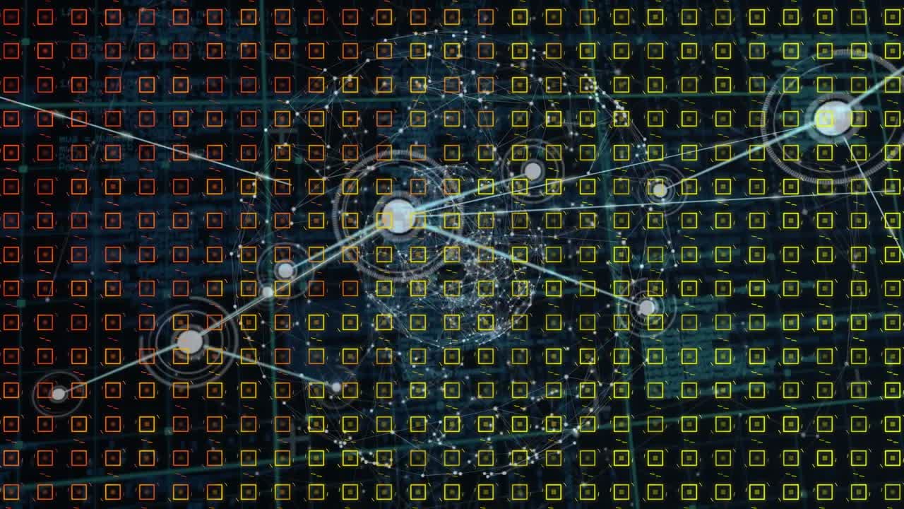 Animation of abstract shape pattern design over globe of network of connections and data processing