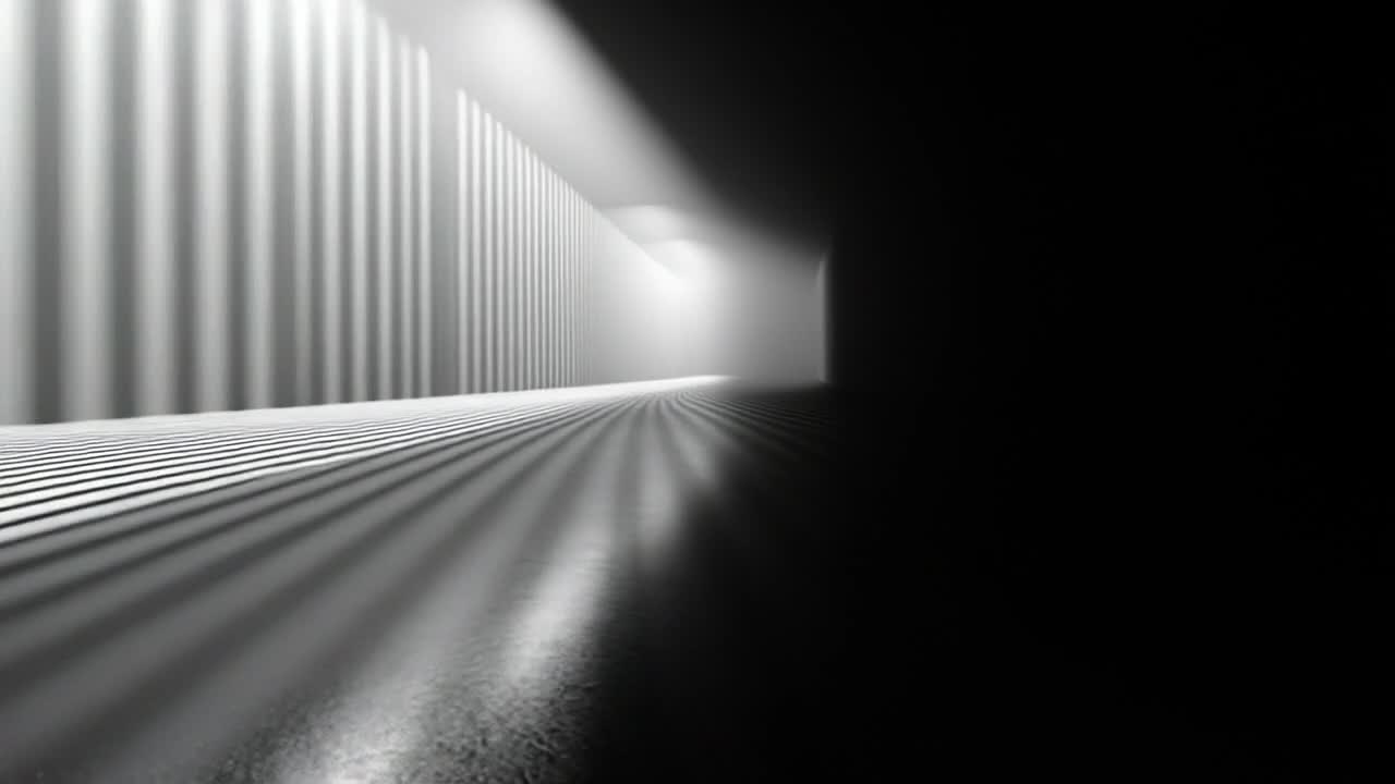 Light and shadow add depth. Light illuminates a long, shadowy corridor, revealing texture and mystery along the walls.