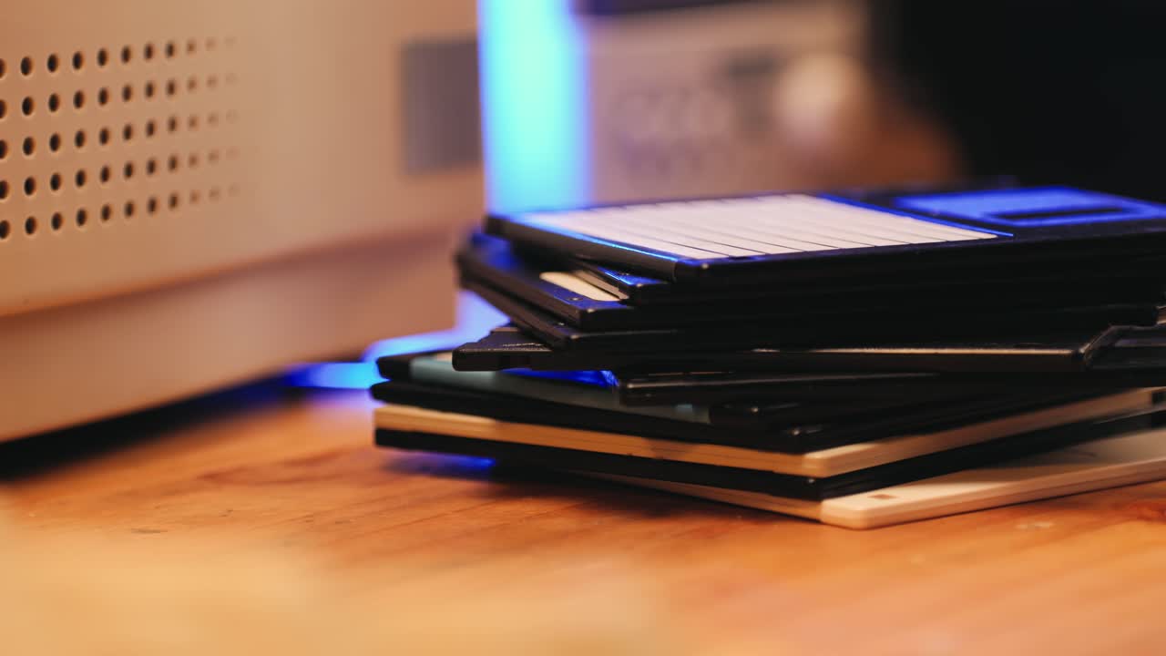 Using diskette for old computer. Music recorder, playing retro computer games. Vintage device for office, obsolete technology. . High quality 4k footage