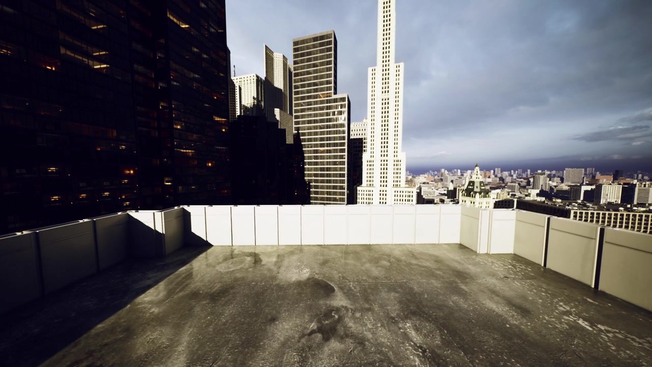 Azotea en construcción con edificios de cristal a lo lejos y barreras de seguridad