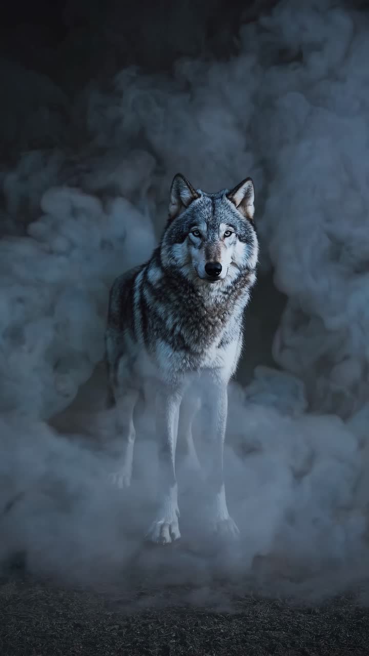 A wolf stands amidst swirling mist, captured from a low-angle, creating a mysterious, cinematic