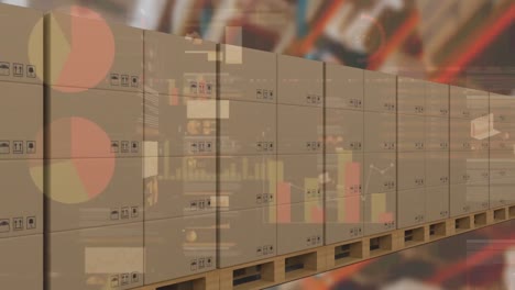 animación del procesamiento de datos financieros sobre cajas de cartón en cinta transportadora