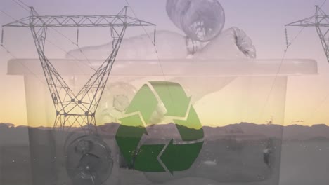 Animation-of-green-recycling-sign-over-box-with-plastic-bottles-and-electric-pylons