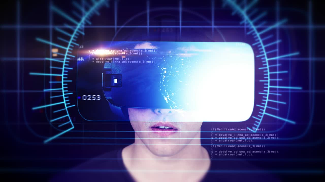 Handsome young man wearing VR headset and experiencing virtual reality. Loop.