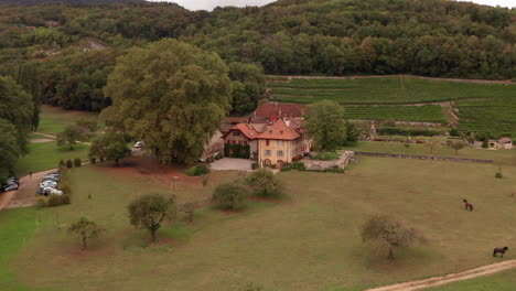 flying towards old monumental buildings in rural switzerland