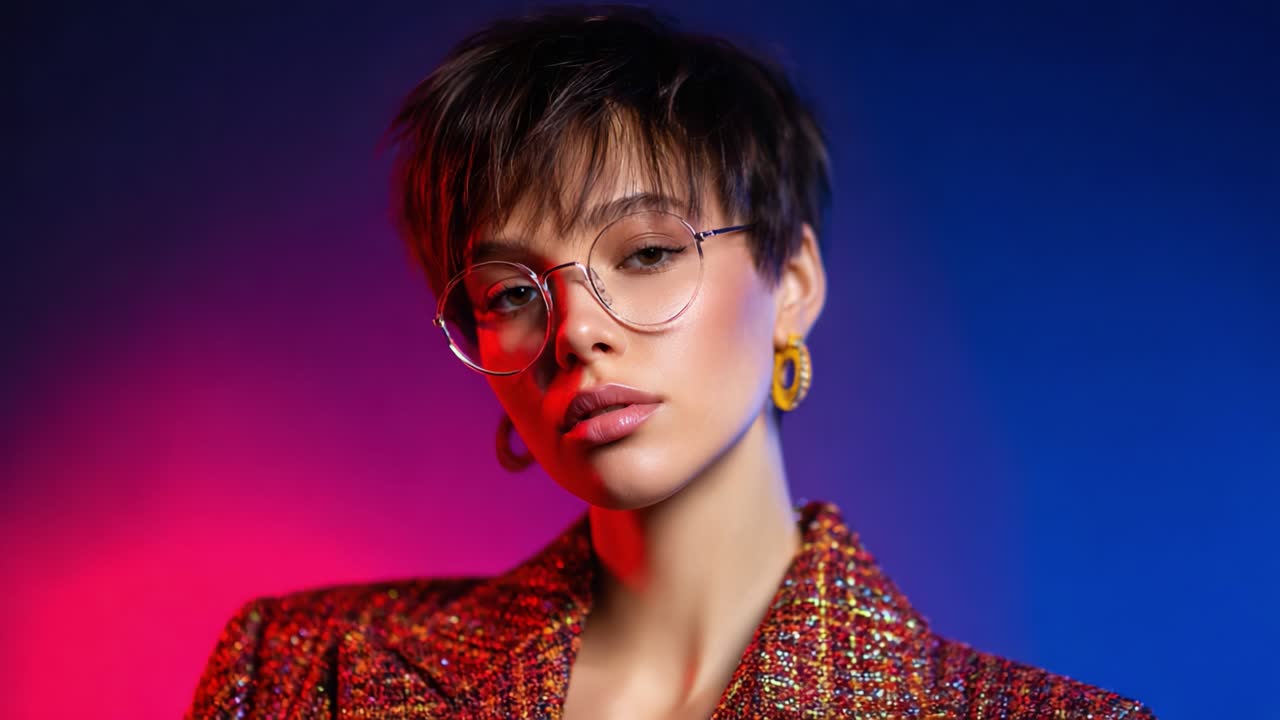 A striking portrait of a fashionable individual showcasing a stunning outfit with glamorous accessories, captured in vibrant lighting that enhances the overall aesthetic appeal