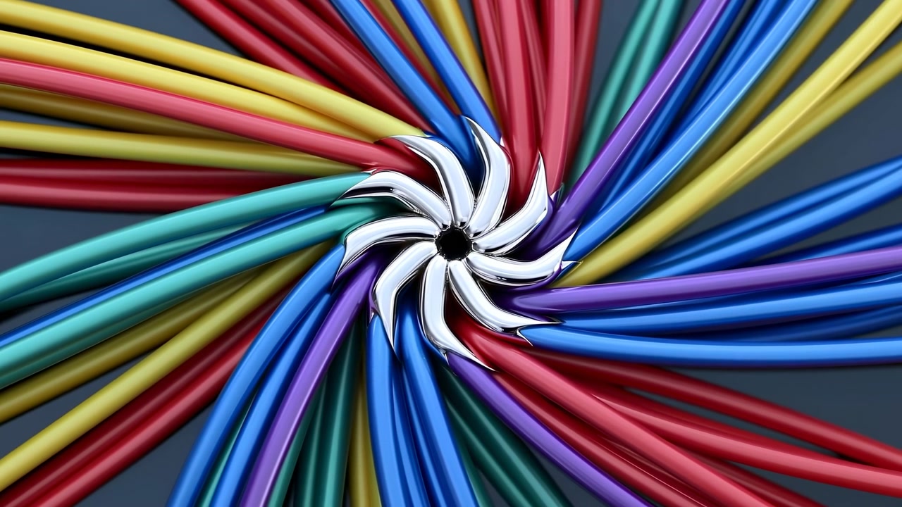 Red, blue, yellow, teal, purple, and green strands rotate steadily around center while reflective highlights emphasize polished surfaces, curved forms, and layered radial depth.