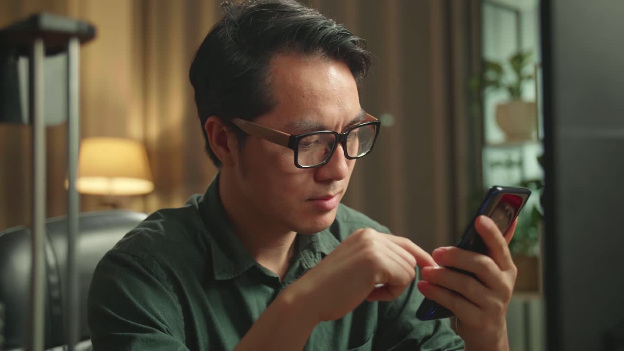 Close Up Asian Man Using Mobile Phone While Works On Personal Computer And 3D Printer In Home Office, He Works At Night