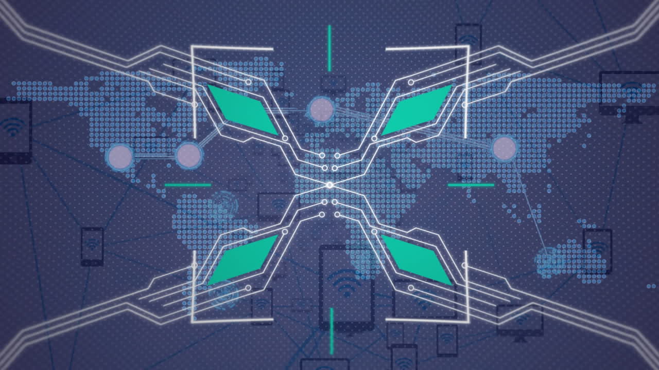 회색 배경에 세계 지도와 연결 네트워크와 함께 회로판 위의 범위의 애니메이션