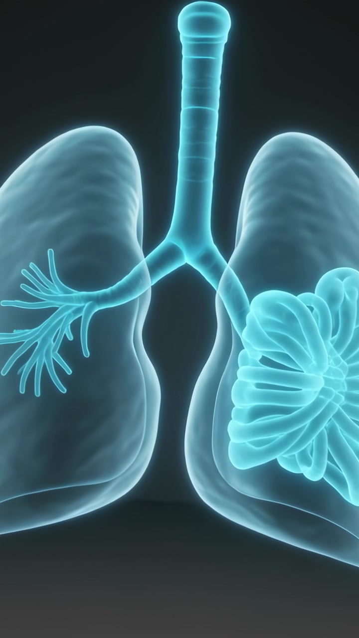 Video verticale: Polmoni 3D pulsanti che si espandono nel rendering, la visuale zooma su un gruppo di trachee per lo studio.