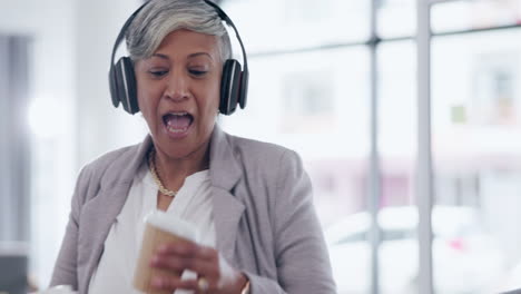 coffee, headphones and senior business people high