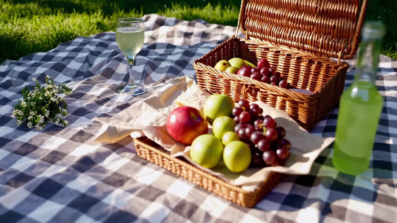 A close-up of a picnic setup with a champagne glass, fruit, and a basket on a checkered blanket.
