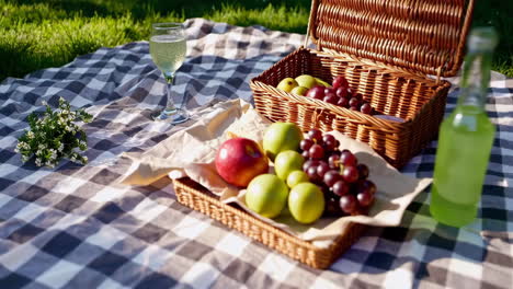 a close-up of a picnic setup with a champagne glass, fruit, and a basket on a checkered blanket.