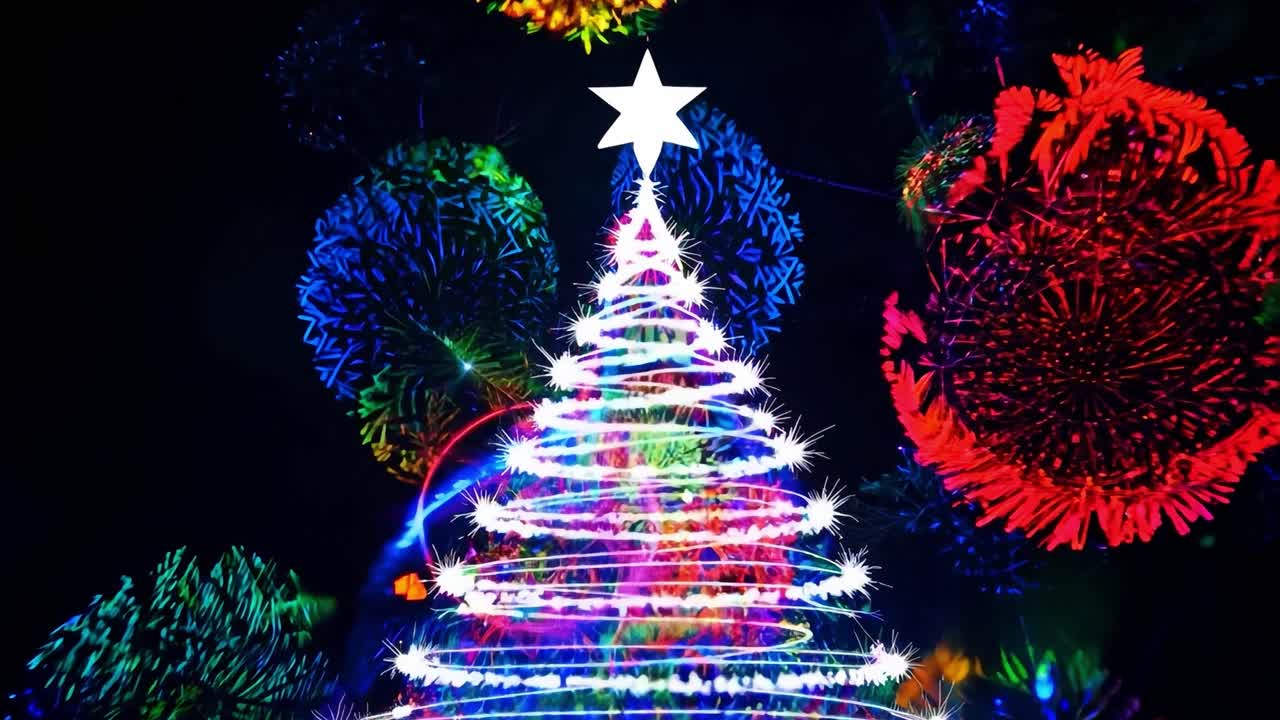 화려한 빛의 추상적인 배경으로 반이는 크리스마스 트리를 보여주는 여섯 개의 이미지의 몽타지