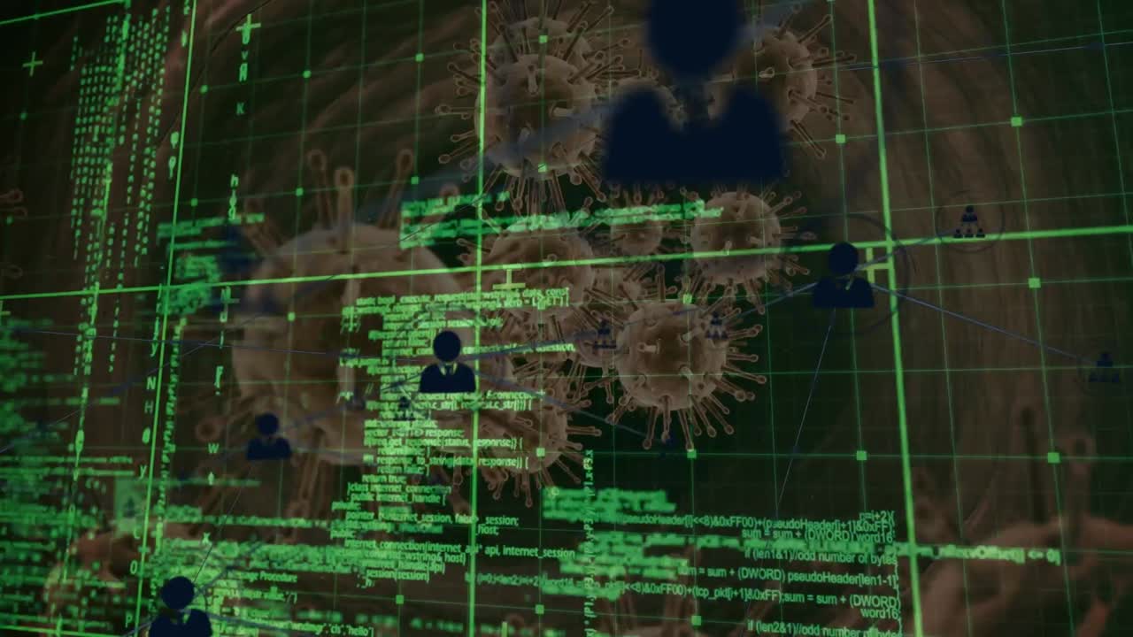 red de iconos de perfil y procesamiento de datos contra múltiples células de covid-19 en fondo marrón