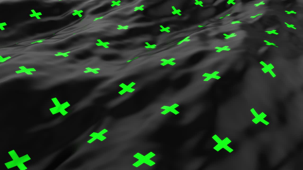 파동이있는 추상적인 매끄러운 표면, 파동이 있는 천, 검은 캔버스에 십자가의 초록색 패턴, 광고, 포스터, 브랜드, 웹, 의학, 3d 애니메이션 루프, 4k uhd