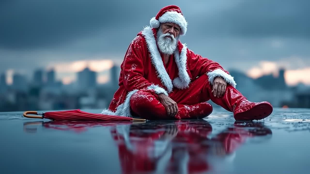 A man dressed as Santa Claus sitting on the ground with an umbrella