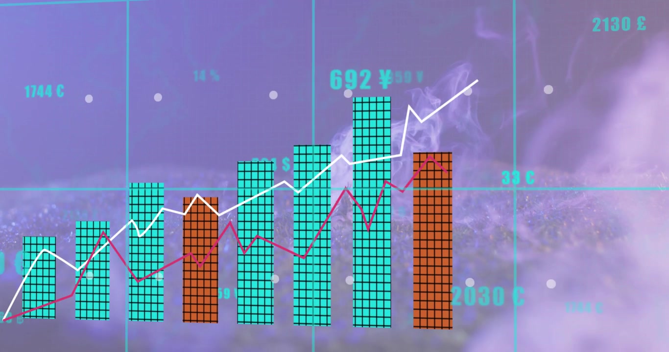 Grid overlay fading as smoke plumes rising, bars plotting values, trend lines drawing for analytics