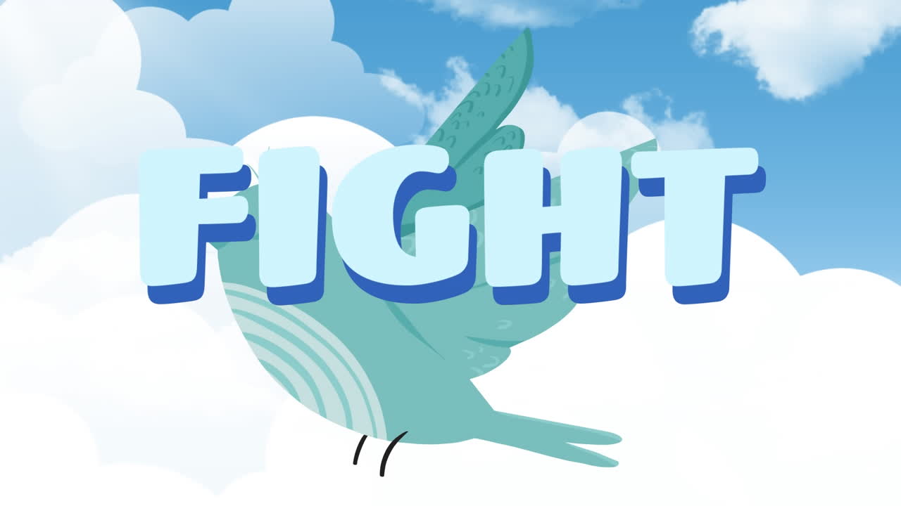 구름이 있는 새와 하늘 위에서 싸우는 텍스트의 애니메이션