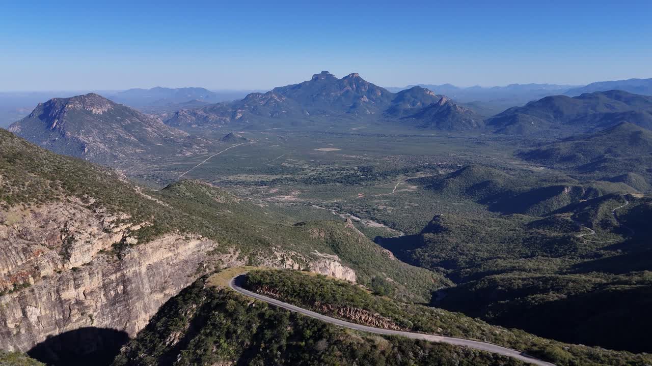 Aerial drone view of the winding Leba Pass road near Lubango, Angola, surrounded by dramatic cliffs and lush green mountains under a clear blue sky