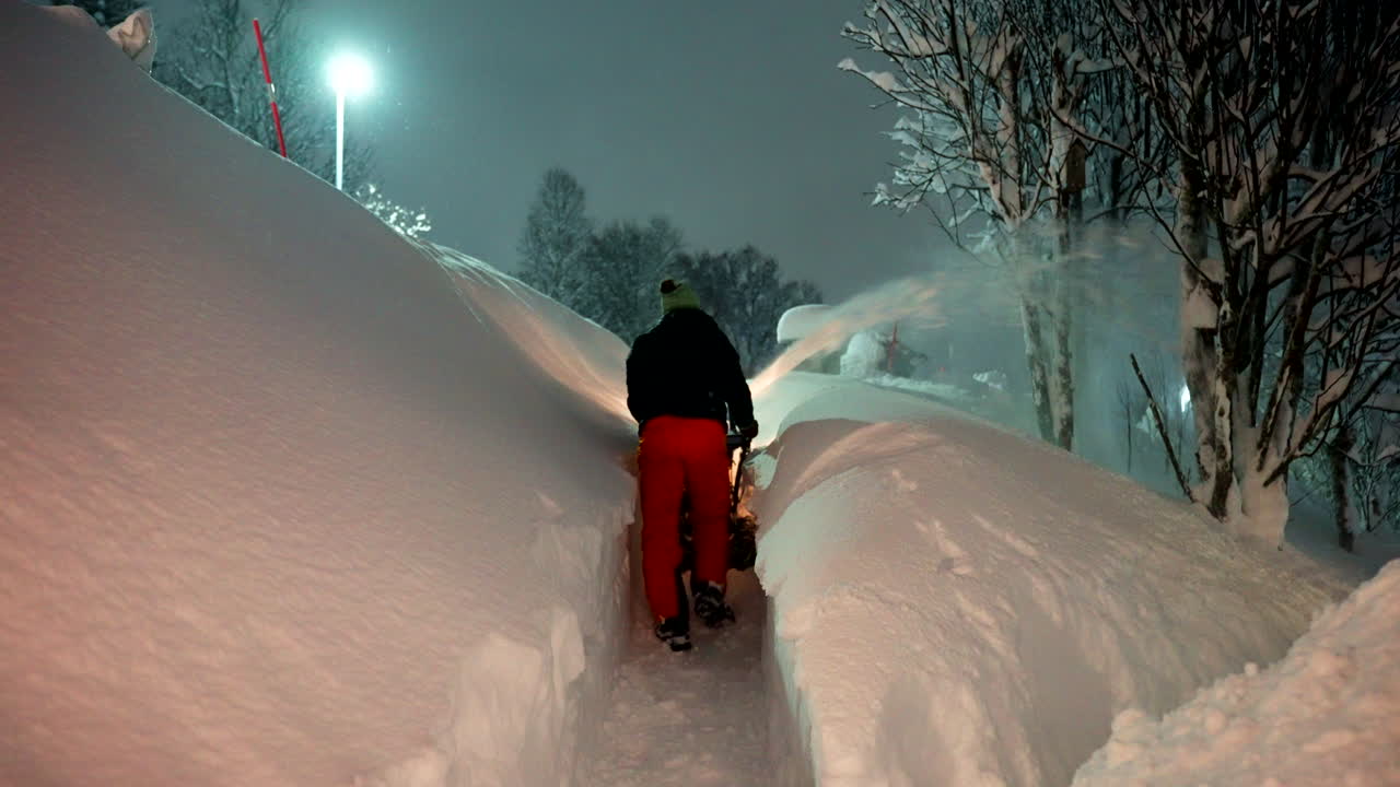 An adult man using snowblower machine to clear deep snow after heavy snowfall at night