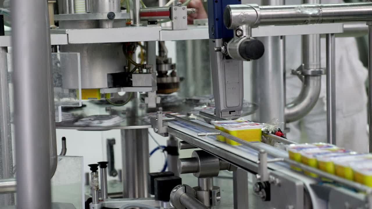 Cheese spread production line at a company, the product is filled and sealed and it´s heading to the cooling machine
