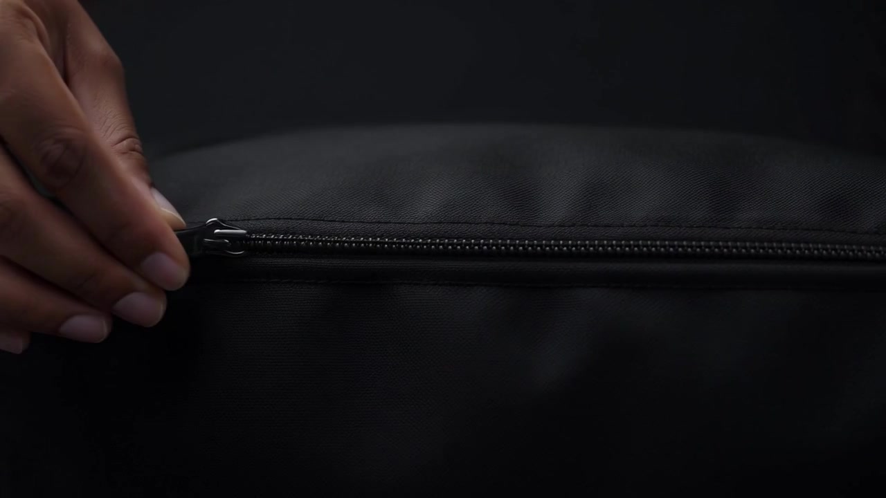 Person Closing the Zipper on a Black Backpack