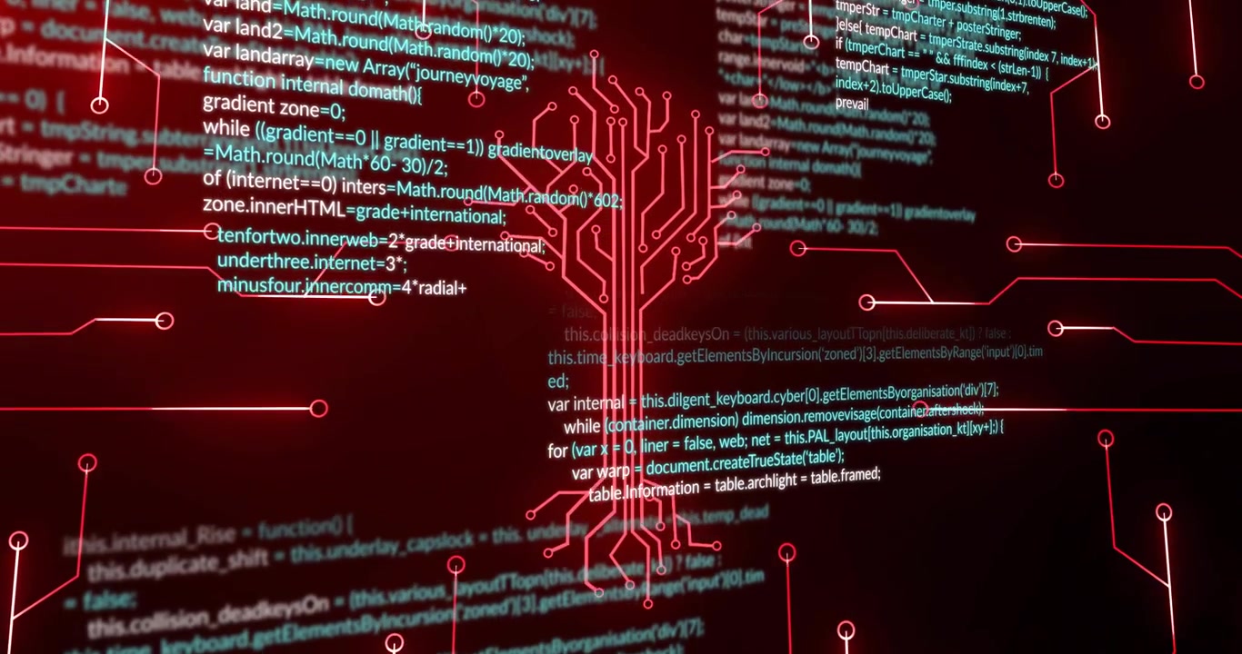 Camera pulling back, circuit-tree emerging in tech display, teal code rising, pulses revealing data