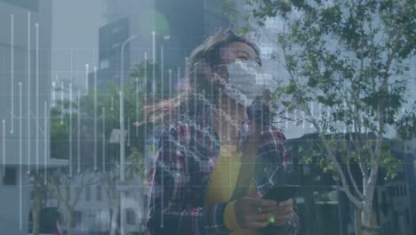 Animation-of-medical-data-processing-over-biracial-woman-in-face-mask-using-smartphone