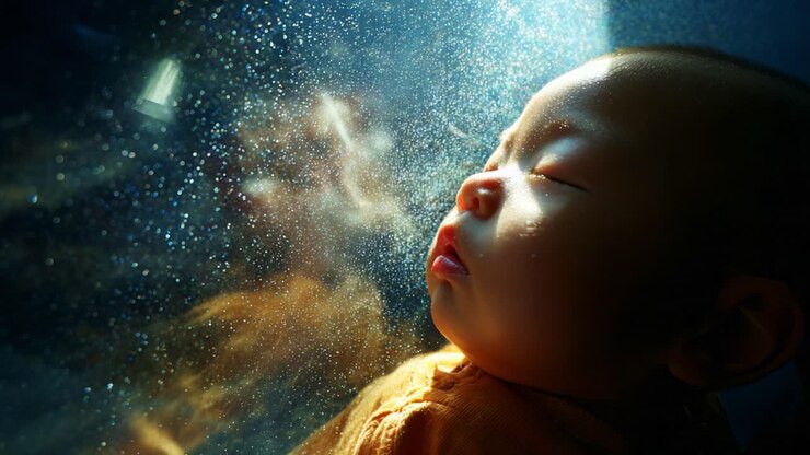 Een vredig moment, vastgelegd terwijl een rustige baby vredig slaapt tegen een achtergrond van zachte verlichting en sprankelende waterdruppels, waardoor een etherische sfeer van sereniteit ontstaat
